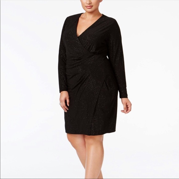 Calvin Klein Black Shimmer Faux Wrap Long Sleeve Cocktail Dress Plus Size 22W - Picture 10 of 11